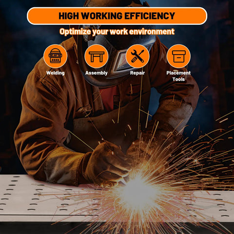 Worker using Heavy Duty Welding Table 36x24 Inch Portable Carbon Steel Workbench with sparks flying for garage shop or home.