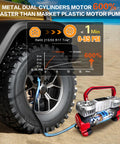 6X Faster Inflation Digital Dual Cylinder Portable Air Compressor 12V Metal Tire Inflator in use on car tire