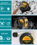 25 Foot Tape Measure Self Locking With Rubber Covered Case Pro Grade Heavy Duty Measuring Tape In Inches And Metric in use against rock, water-resistant feature, and non-slip grip design