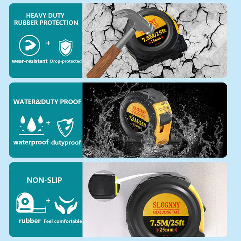 25 Foot Tape Measure Self Locking With Rubber Covered Case Pro Grade Heavy Duty Measuring Tape In Inches And Metric in use against rock, water-resistant feature, and non-slip grip design