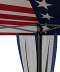Close-up of mesh netting and corner support on 10x10 Pop Up Canopy Tent with netting, showing American flag design on roof.