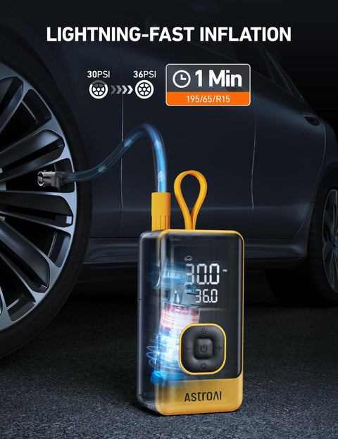 L7 Portable Tire Inflator Cordless Air Compressor 150 PSI Fast 1 Minute Inflation Auto Shutoff LED Light in use