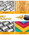 Step drill bit with spiral grooves, gold-colored, 12 steps, shown beside a drill chuck.