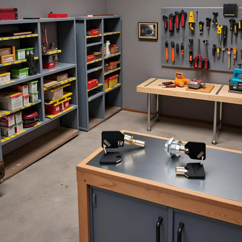Tubular Lock and Key Set for Toolbox Cabinets and Drawers, Easy Install Lock Cylinder Kit with Mounting Hardware, Replacement Cabinet Locks, Includes Multiple Keys for Backup, Durable Metal Security Hardware on workbench