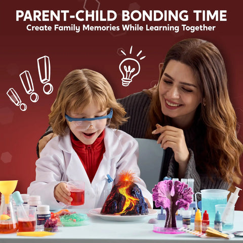 Child and adult using Ultimate Science Kit With 85 Plus Experiments For Kids Aged 6 7 8 Featuring Volcano Eruption Crystal Growing Chemistry And Earth Science Totally Hands On Activities For Curious Learners