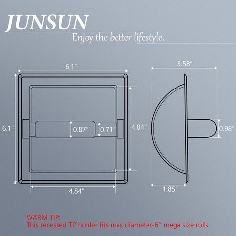 Recessed Toilet Paper Holder Built For Mega Rolls, 100 Percent 304 Stainless Steel With Brushed Nickel Finish, Square 6x6 Design specs