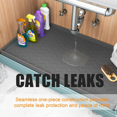 Under Sink Mat 34 By 22 Inches No Fuss Extra Thick 3mm Silicone Leakproof Kitchen Cabinet Protector and Liner with bottles