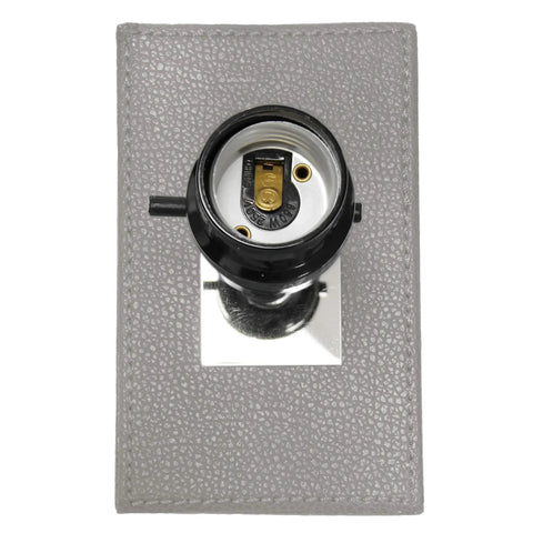 Base detail of Leather Wrapped Modern Table Lamp With White Fabric Shade In Gray, showing socket and leather texture
