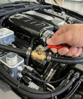 Beefy 3/8 Inch Brass Shut Off Ball Valve With Hose Barb Fittings installed in car engine for water and fuel lines