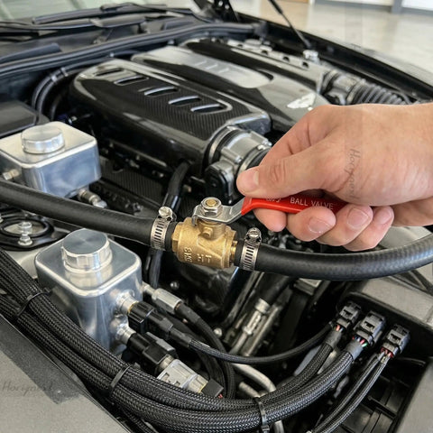Beefy 3/8 Inch Brass Shut Off Ball Valve With Hose Barb Fittings installed in car engine for water and fuel lines