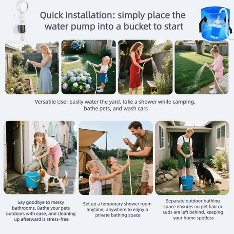 Rechargeable Camping Shower With USB-C, Portable Outdoor Shower Pump On The Go With Three Spray Modes in various uses outdoors