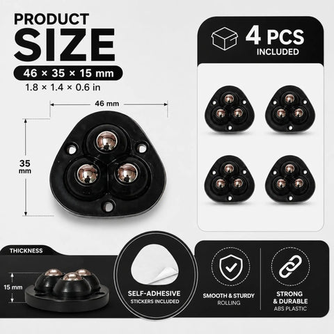 DaddyBee Heavy Duty Self Adhesive Casters 8 Pack Stick-On Swivel Wheels 46x35mm with a black plastic design.