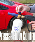 Pro Foam Cannon For Pressure Washers With 3600 Max PSI 1/4 Inch Connector attached to a pressure washer spraying a red car.