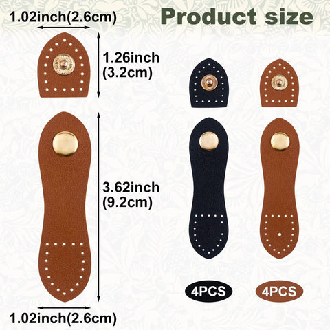 Eight Sets Leather Snap Buckles With Snap Button Closure Sew On For Wallets Bags And Notebooks Black And Light Brown