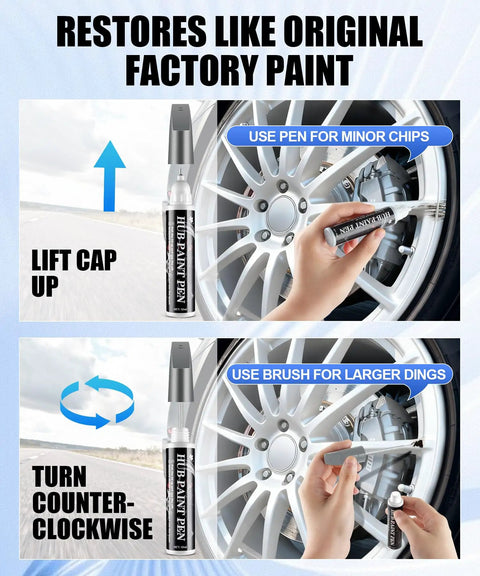Universal Wheel Repair Kit And Rim Paint Touch Up Pen For Curb Rash Alloy Wheel Scratch Fix Water Proof Sealant To Knock Out Beat Up Scuffs Real Quick Today showing instructions for use on alloy wheels.