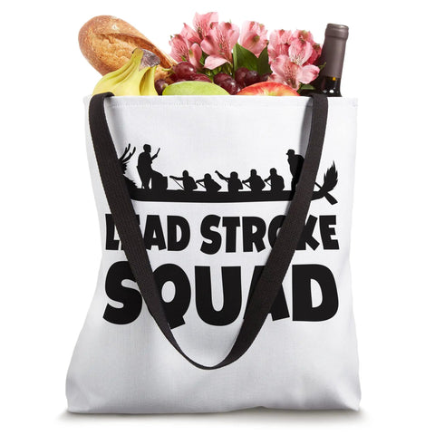 Lead Stroke Squad Dragon Boat Tote Bag filled with groceries, showing paddler graphic and dual straps, lightweight 16x16 inch design.