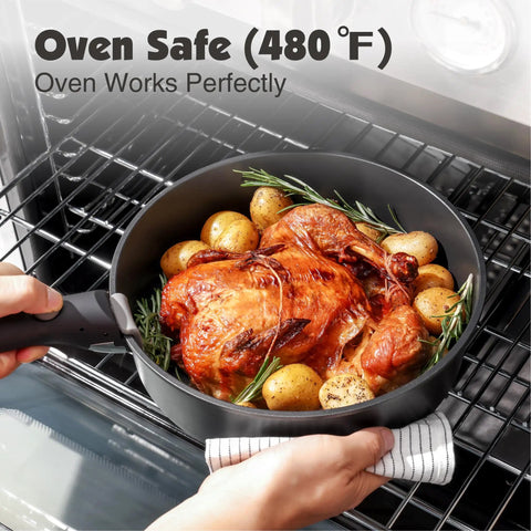 Nonstick 17 Piece Pots And Pans Set With Removable Handles Induction Ready Cookware in oven with roast chicken