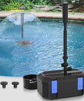 All In One Koi Pond Pump Kit For Outdoor Ponds 200-350 Gallons, 400 GPH Fountain Pump with three spray heads displayed by pond