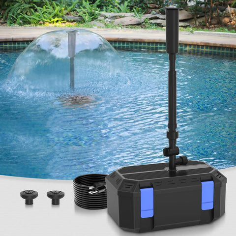All In One Koi Pond Pump Kit For Outdoor Ponds 200-350 Gallons, 400 GPH Fountain Pump with three spray heads displayed by pond