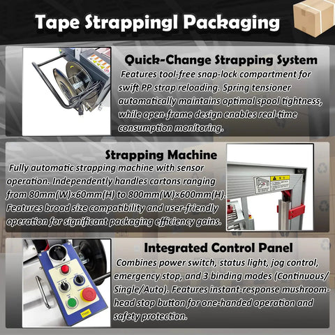 Auto Carton Sealing And Strapping Machine 2-In-1 Industrial Box Packaging Tapper With Polypropylene Strap Winder Adjustable 120-500 Mm Width Fast 400-600 Boxes Hourly Rate For Warehouse Shipping Supplies 110V control panel with emergency stop and binding modes