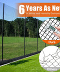 Vinyl Coated Welded Mesh Chicken Wire Fence Roll With 1 Quarter Inch Mesh, 36 Inch By 50 Foot, Galvanized Core For Rustproof Outdoor Use, Built Tough Garden Fence For Home Rabbits And Pets, Black Finish surrounding a lush green field, highlighting durability comparison with a caliper measurement detail.