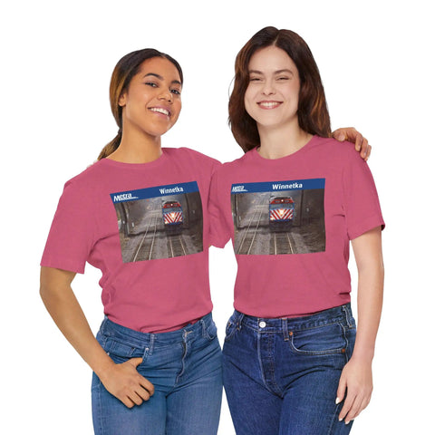 Fresh Heather Blend T Shirt Celebrating Winnetka Up N Metra Union Pacific North Train Station worn by two women, casual style.