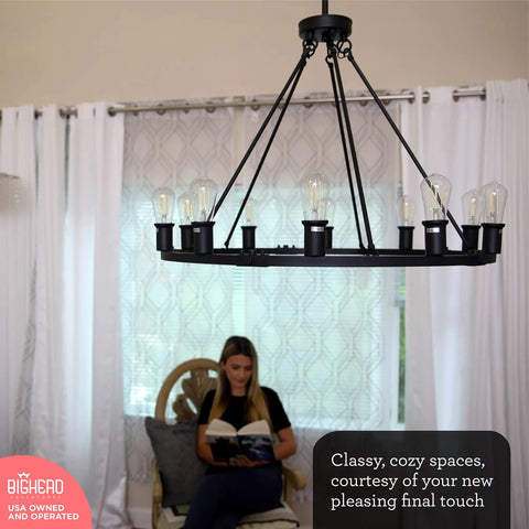 Dope Large Wagon Wheel Chandelier With Ten Lights In Black Rustic Farmhouse Pendant Lighting in living room setting