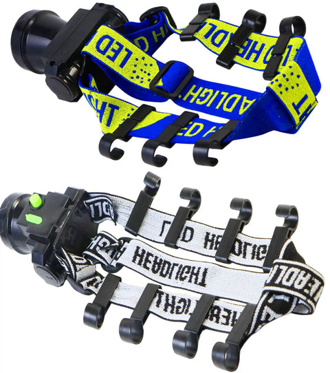 Heavy Duty Helmet Light Clips for Hard Hats and Safety Caps 50 Pack Narrow Edge Headlamp Mounts displayed on bands