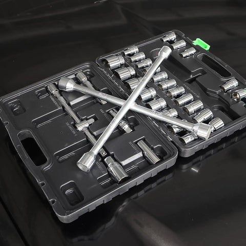 14 Inch Cross Lug Wrench With 4 Way Sockets, Heavy Duty Carbon Steel Tool For Easy Tire Changes in open black case