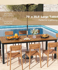 Acacia Wood Outdoor Dining Table For Eight With Umbrella Hole Metal Legs And Adjustable Foot Pads 79 Inch Rectangular Patio