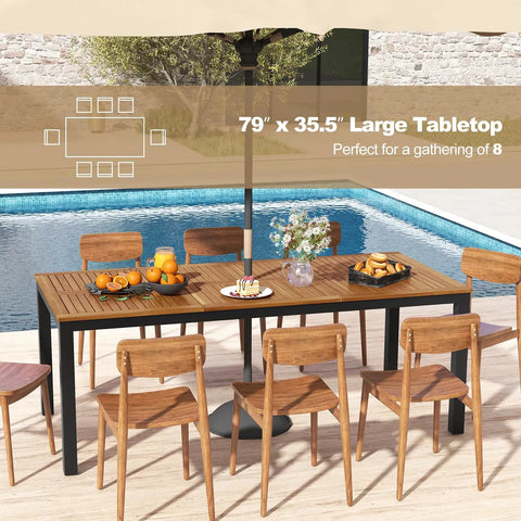 Acacia Wood Outdoor Dining Table For Eight With Umbrella Hole Metal Legs And Adjustable Foot Pads 79 Inch Rectangular Patio
