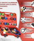 Drop Dead Easy Coolant Vacuum Refill Kit With 34 Pieces And 25 Radiator Adapters showing colorful radiator caps, aluminum parts, and tools in a red case.