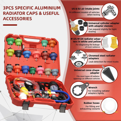 Drop Dead Easy Coolant Vacuum Refill Kit With 34 Pieces And 25 Radiator Adapters showing colorful radiator caps, aluminum parts, and tools in a red case.