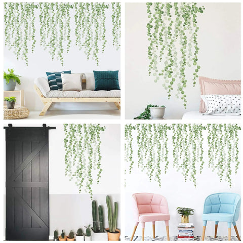 Hanging String Of Pearls Vine Wall Stickers Set With Green Leaves Dope PVC Peel And Stick Removable Wall Decals for interiors.