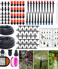 All in One Drip Irrigation System Kit With Two Hundred Twenty Six Feet Of Hose, LCD Timer, And Three Sprayer Types, components shown