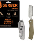 Flatiron Folding Pocket Knife Cleaver With 3.6 Inch D2 Steel Blade Desert Tan EDC Knife shown with packaging and handle detail.