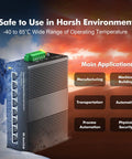 8-Port Gigabit Industrial DIN Rail Ethernet Switch With 16Gbps Switching Capacity, IP40 Rated, shown in harsh environment