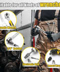 Person using 2 In 1 Screw Extractor Set With Three Eighths Inch Drive For Bolt Removal Includes One Eighth And Seven Thirty Second Inch Bits Made From Chrome Molybdenum Steel Hex Head Design Works With Wrench Or Power Tools Two Pack with various tools visible.