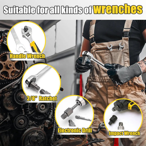 Person using 2 In 1 Screw Extractor Set With Three Eighths Inch Drive For Bolt Removal Includes One Eighth And Seven Thirty Second Inch Bits Made From Chrome Molybdenum Steel Hex Head Design Works With Wrench Or Power Tools Two Pack with various tools visible.