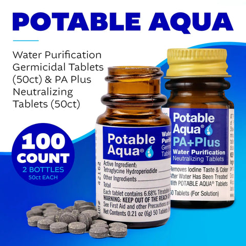 Emergency Water Purification Tablets With PA Plus Two 50 Count Bottles For Quick Safe Drinking Water In Any Situation label display