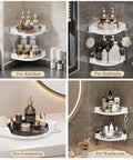 Super Sturdy Premium Three Tier Corner Shower Caddy With Slick 360 Spin Lazy Susan Tray And No Fuss Wall Mount placed in kitchen and bathroom.
