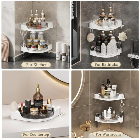 Super Sturdy Premium Three Tier Corner Shower Caddy With Slick 360 Spin Lazy Susan Tray And No Fuss Wall Mount placed in kitchen and bathroom.