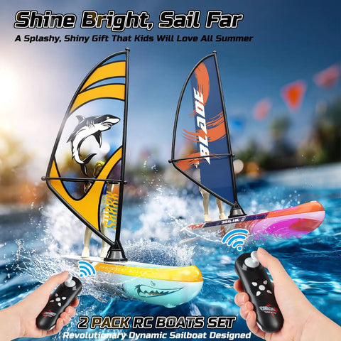 2 Pack Remote Control Sailboats For Kids 2.4GHz RC Boats With LED Lights For Pool Lake And Bathtub Great Summer Outdoor Water Toys Gift For Boys And Girls, showing colorful sailboats and remote controls.