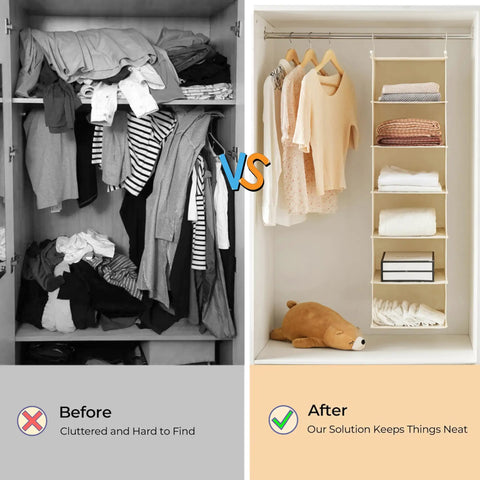 Six Tier Hanging Closet Organizer Shelf with Cloth Fabric and Two Sturdy Hooks Foldable Beige Storage Solution for small closets