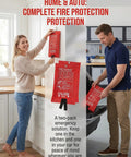 Heavy Duty Fiberglass Emergency Fire Blanket To Smother Kitchen Grease Fires Grill Patio Campfire Car Garage Safety Game Changer Residue Free Easy Throw Coverage Real Life Saver in a two-pack, hung in a kitchen and held by a person.