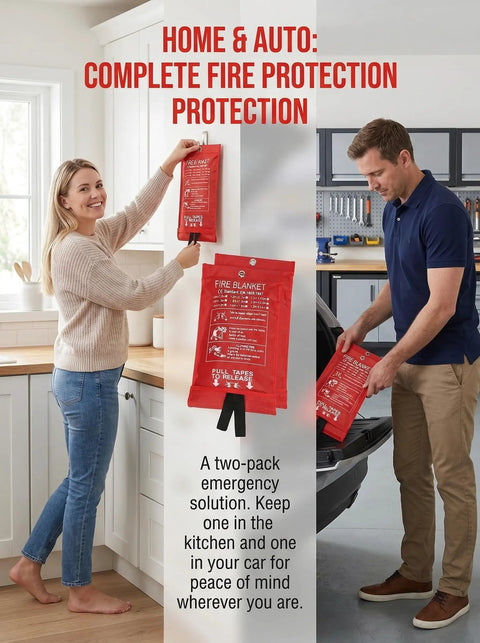 Heavy Duty Fiberglass Emergency Fire Blanket To Smother Kitchen Grease Fires Grill Patio Campfire Car Garage Safety Game Changer Residue Free Easy Throw Coverage Real Life Saver in a two-pack, hung in a kitchen and held by a person.