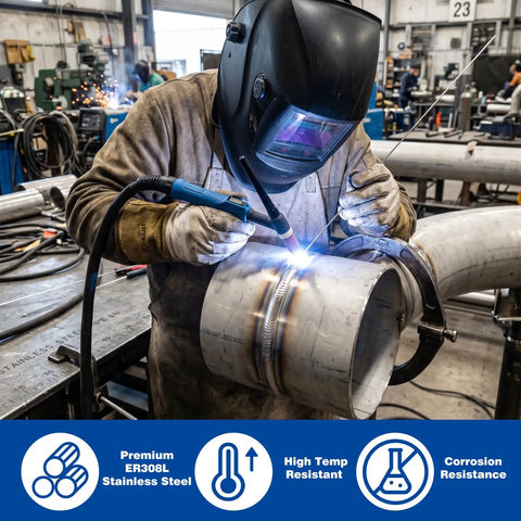 Welder using Pro Grade TIG Welding Rods 20 Pcs ER308L Stainless Steel Filler Wire 1/16 x 16 In in workshop setting