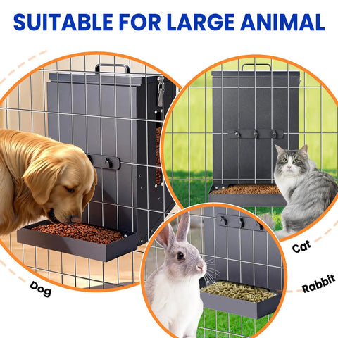 Real Deal Automatic Dog Feeder Hanging Pet Cage Food Dispenser Holds 17 Pounds For Big Packs And Multi Pet Homes Quick Setup Gravity Bowls For Easy Daily Grind with dog, cat, and rabbit using it.