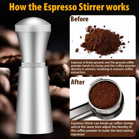 Illustration of Pro Espresso Distribution Tool For Baristas With Fourteen Needles Kit showing before and after coffee extraction results