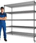 Beefy Rolling Five Tier Wire Shelving Unit With Wheels Adjustable Garage Pantry Kitchen Storage Rack 60 Inch Wide 24 Inch Deep 72 Inch High 3500 Lbs Static Load 700 Lbs Per Shelf Dynamic Load, black wire rack with worker